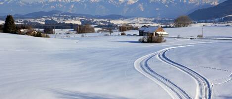 Un paysage enneigé avec une maison et des montagnes en arrière-plan.