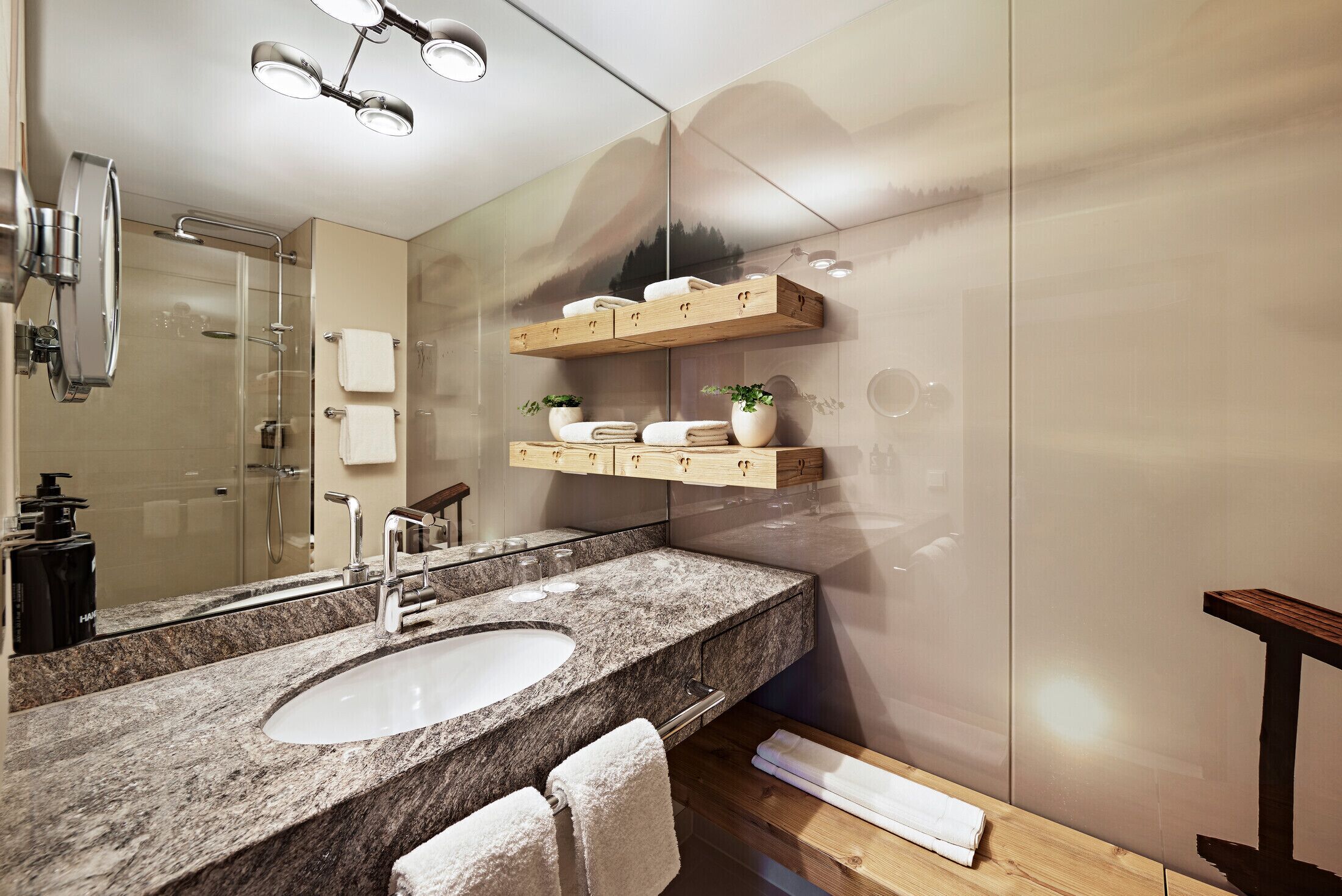 Une salle de bain moderne avec un lavabo en granit, une cabine de douche en verre et des étagères en bois au-dessus du miroir.