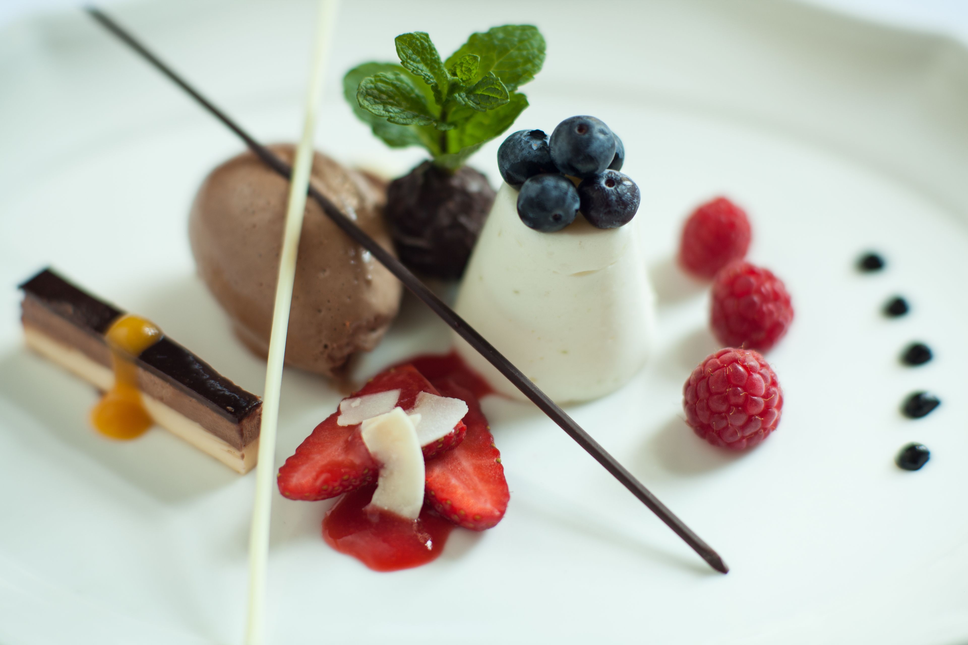 Ein Dessertteller mit Schokoladenmousse, einer Kugel Vanilleeis, frischen Beeren und einer Minzdeko.