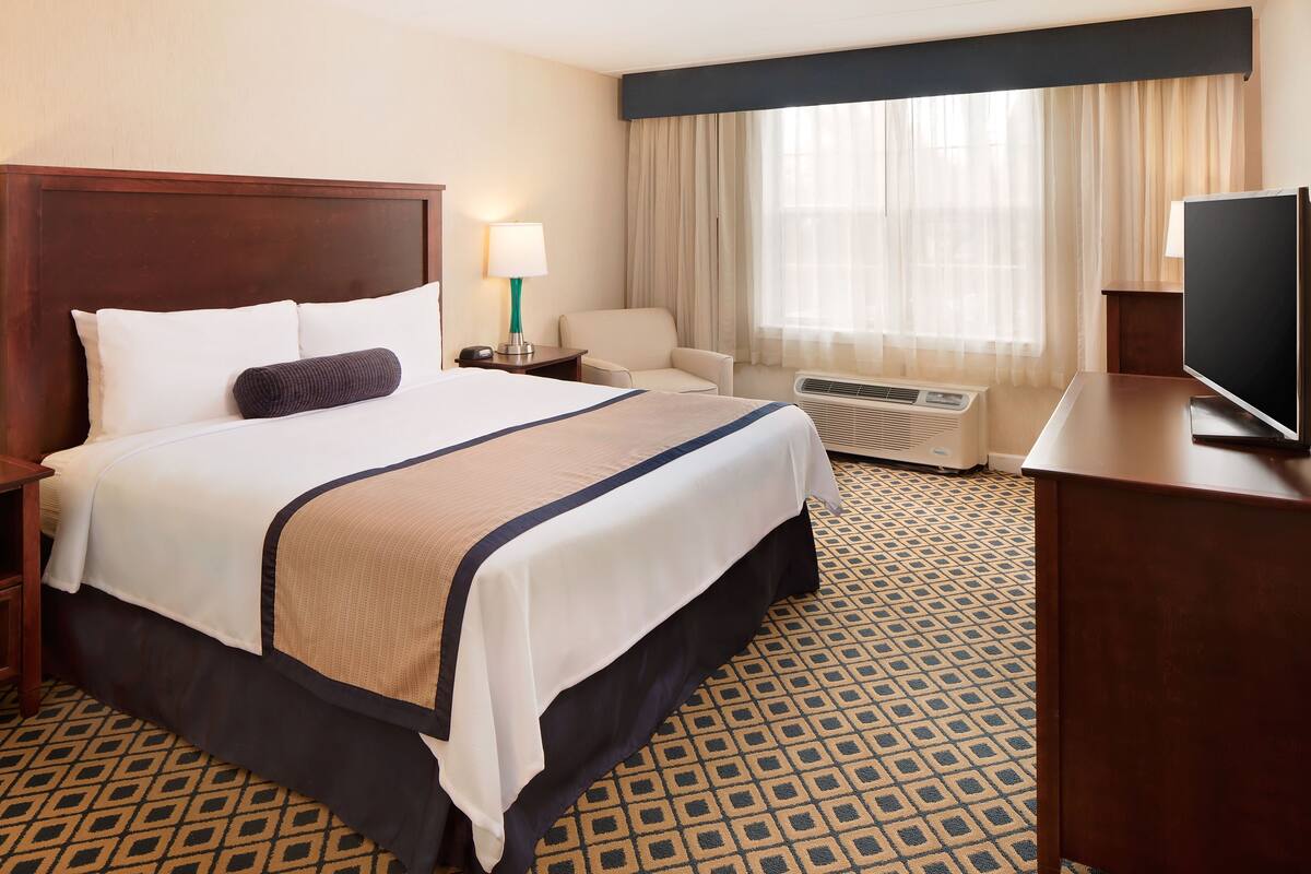 Une chambre d’hôtel avec un grand lit, un bureau, une chaise, une télévision et une fenêtre avec des rideaux.