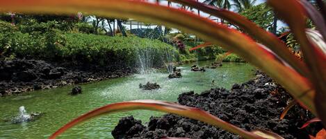 Un jardín tropical con fuente de agua, abundante vegetación y palmeras.