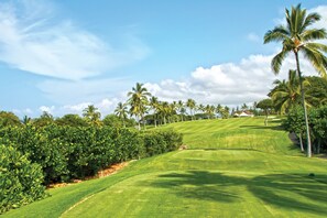 A golf course with well-maintained grass, palm trees, and a clear sky. - Holua Resort (Kailua-Kona)