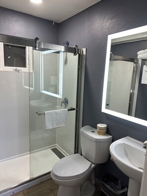 A bathroom with a glass-enclosed shower, a toilet, and a sink.