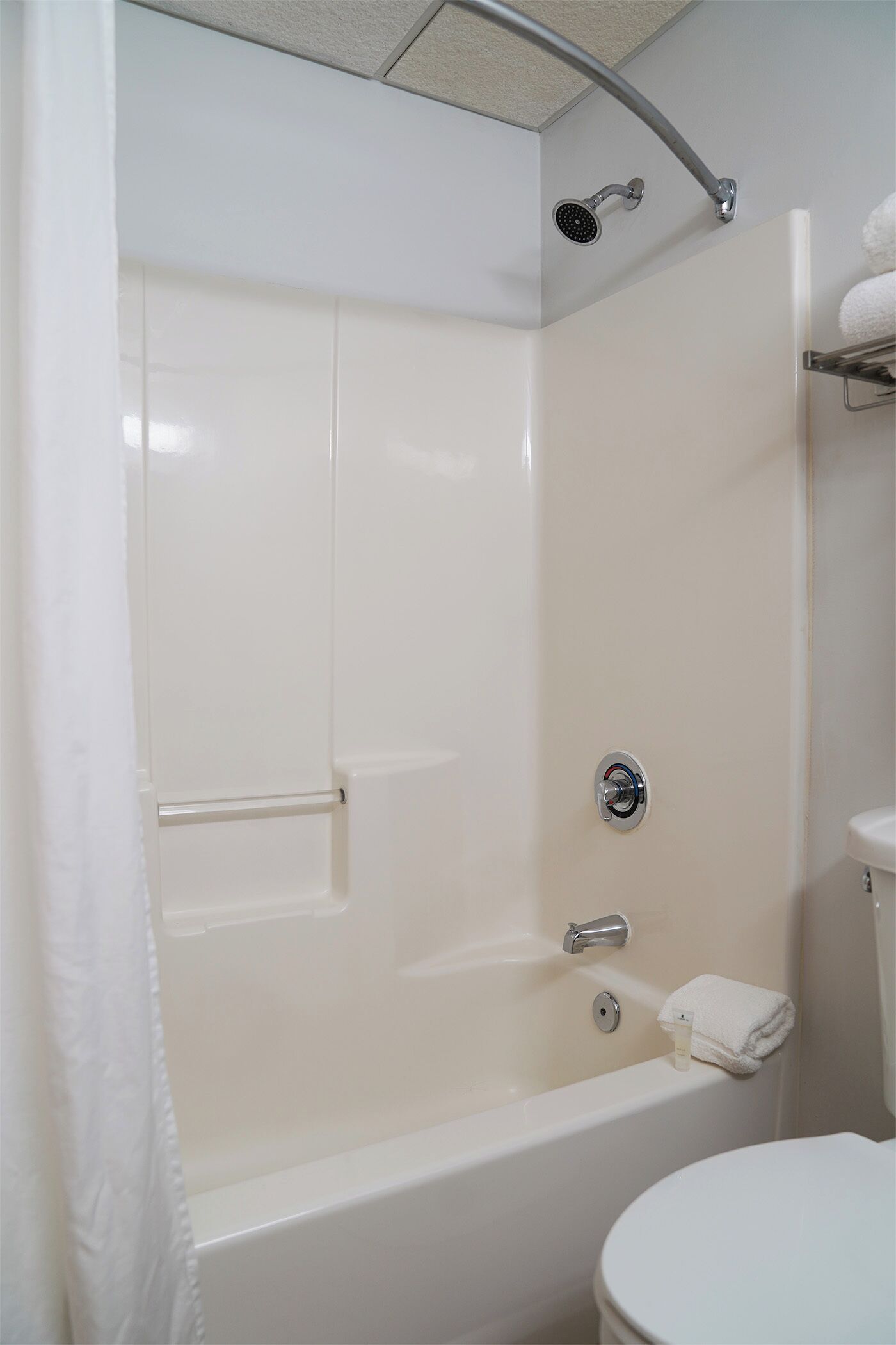 Een badkamer met een witte badkuip, een douchekop, een toilet en een handdoekrek.