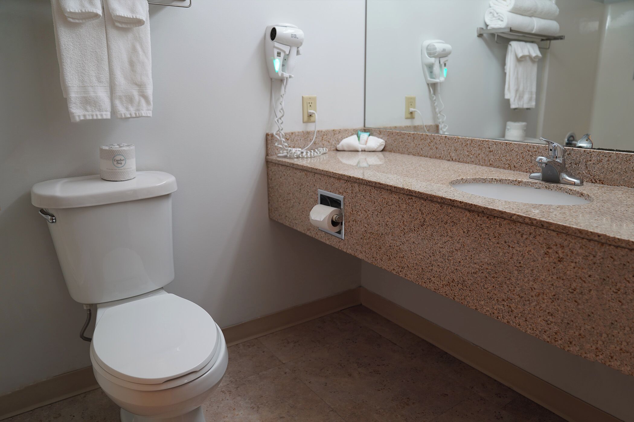 free toiletries, hair dryer, towels, soap