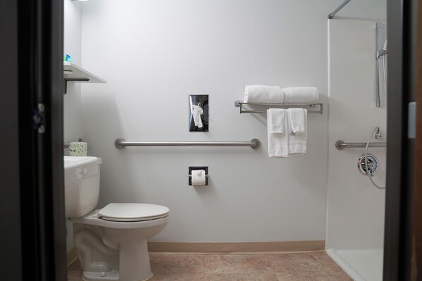 Une salle de bain équipée de toilettes, d’un porte-serviettes, d’une douche et d’une barre d’appui.