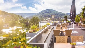 Terraza al aire libre con mesas y sillas, rodeada de plantas en macetas y con vistas a un paisaje montañoso.