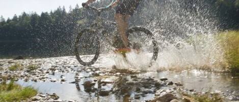 A person riding a bicycle through a shallow stream with rocks and trees in the background.