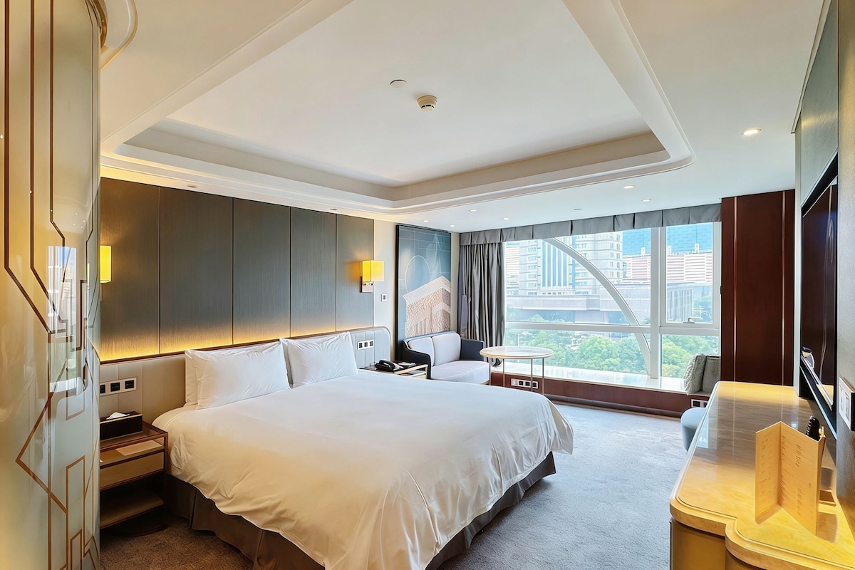 A hotel room with a large bed, a desk, a chair, a TV, and a window with a city view.
