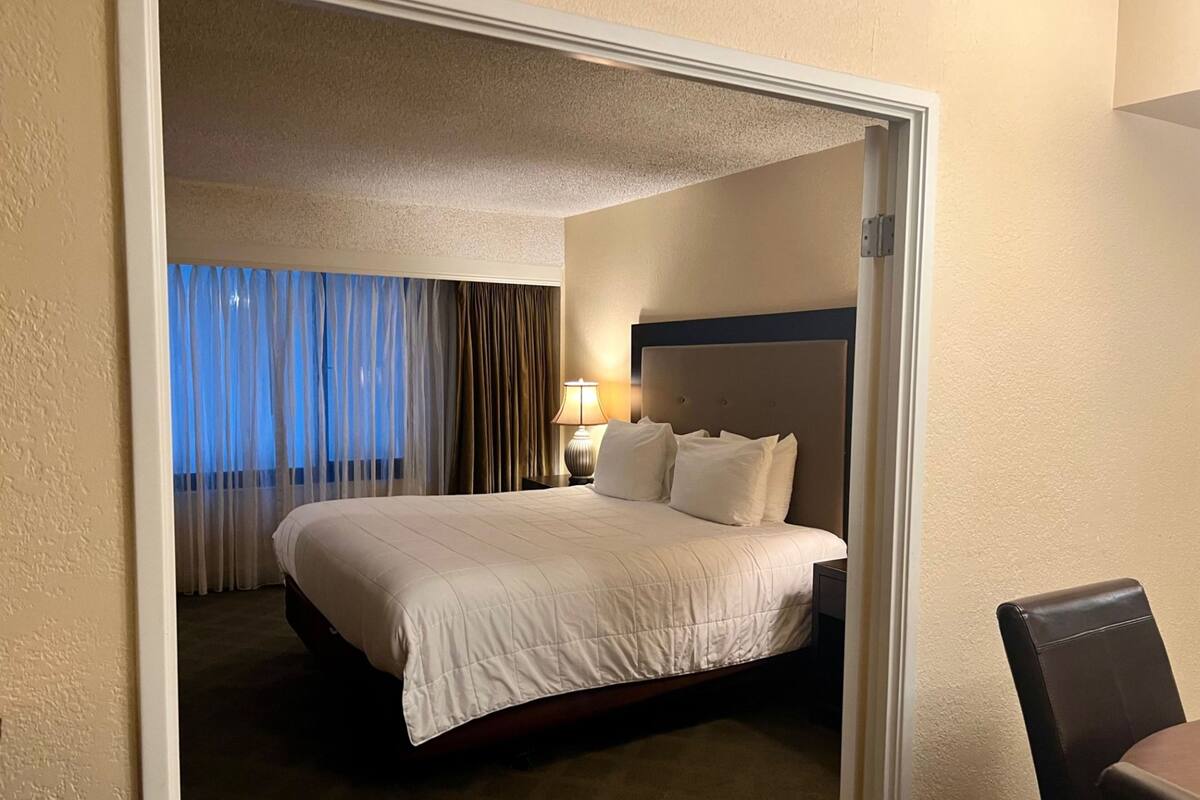 Une chambre d’hôtel avec un lit, une table de chevet, une lampe et une vue sur l’extérieur par une fenêtre munie de rideaux.