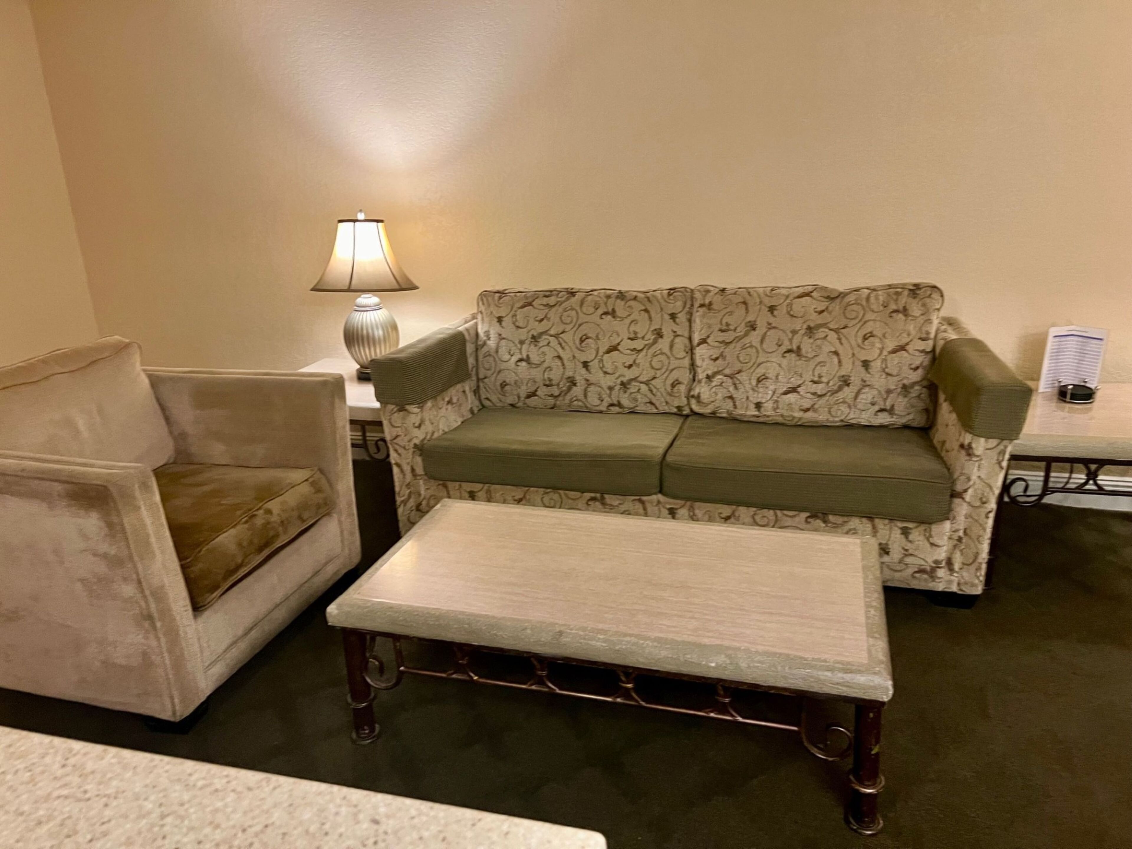 A living room with a patterned sofa, a cushioned armchair, and a small table.