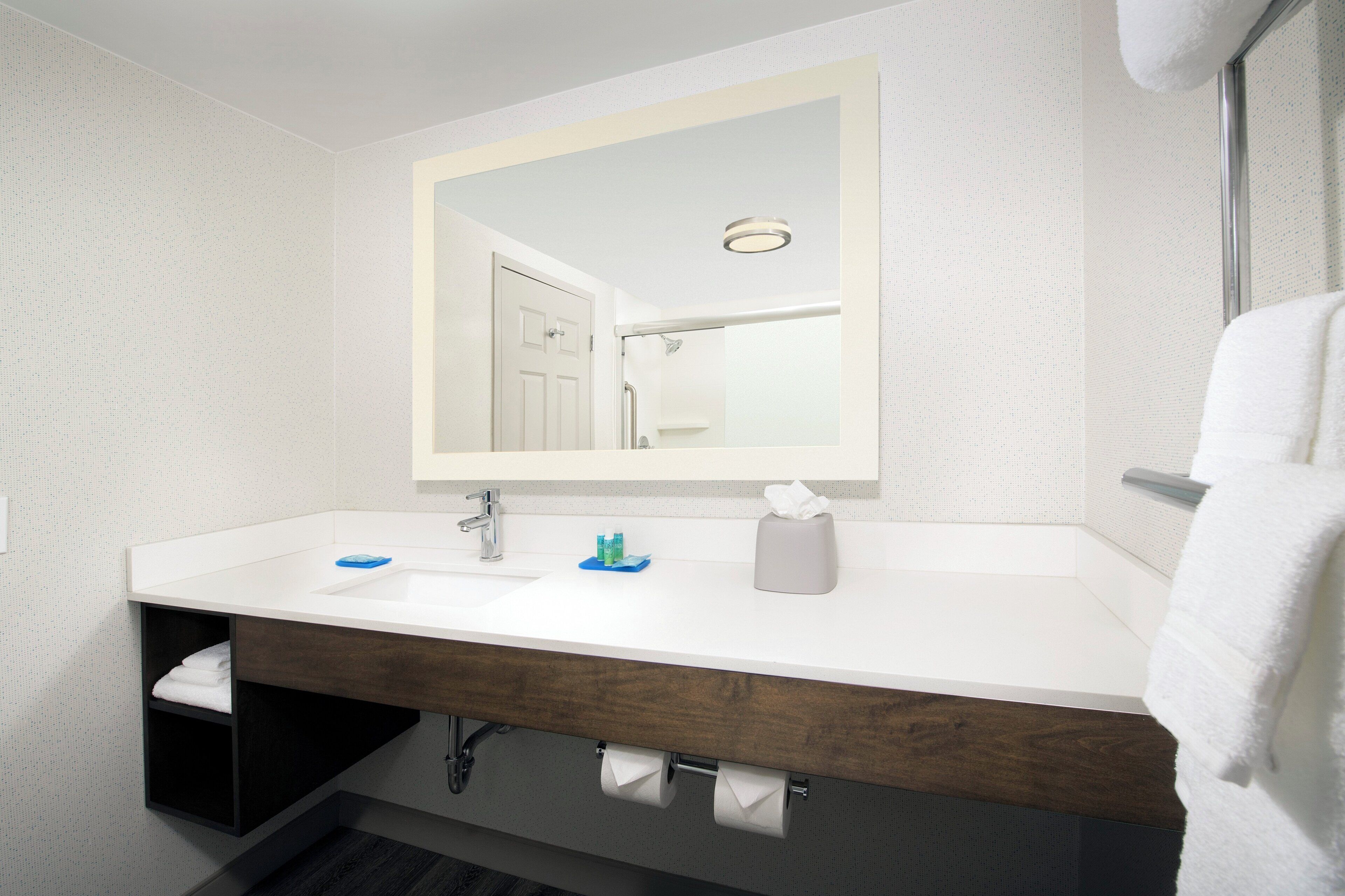 A bathroom with a white vanity, a mirror, a towel rack, and a toilet paper holder.