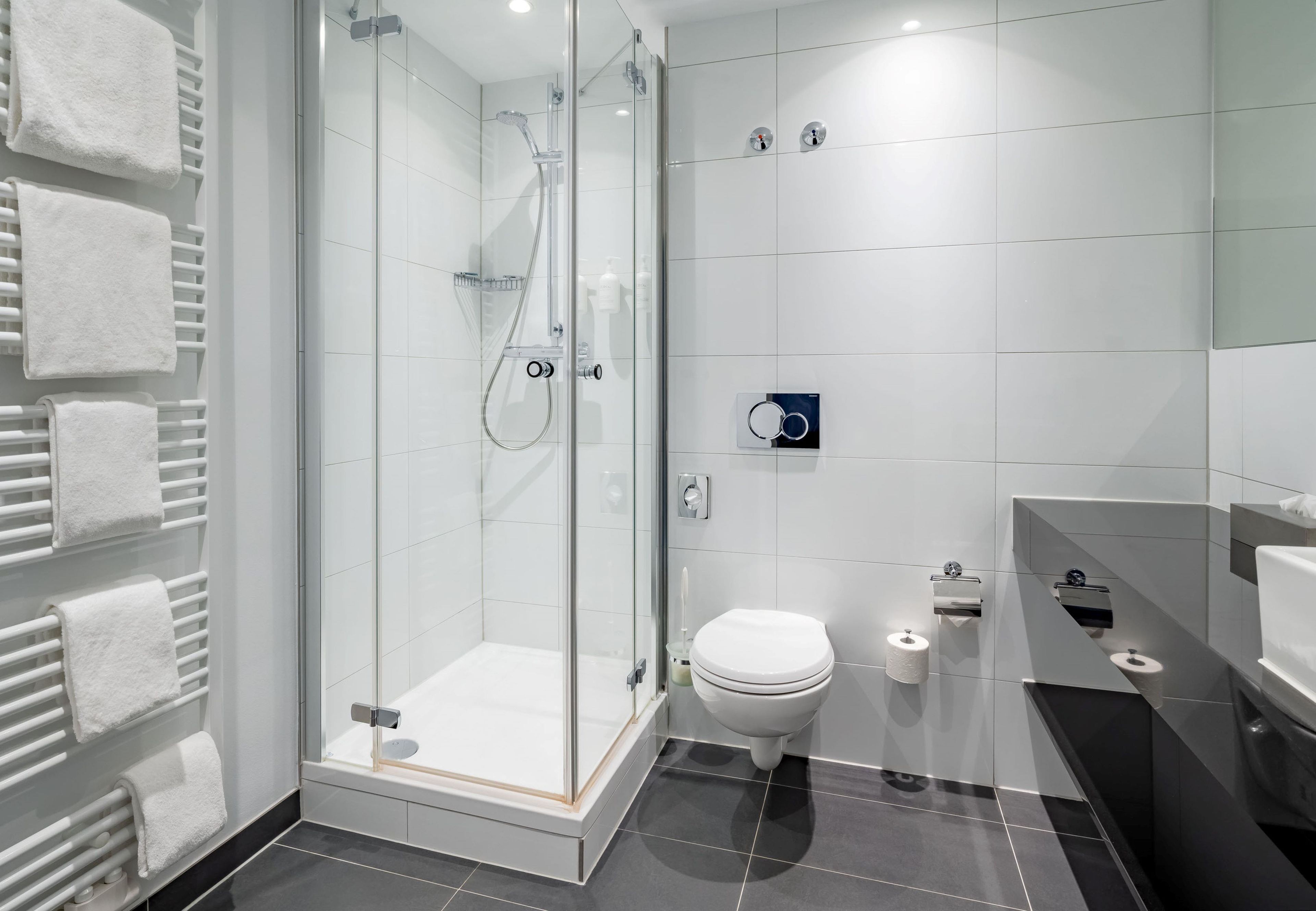 A modern bathroom with a glass-enclosed shower, a toilet, and a vanity with a mirror.