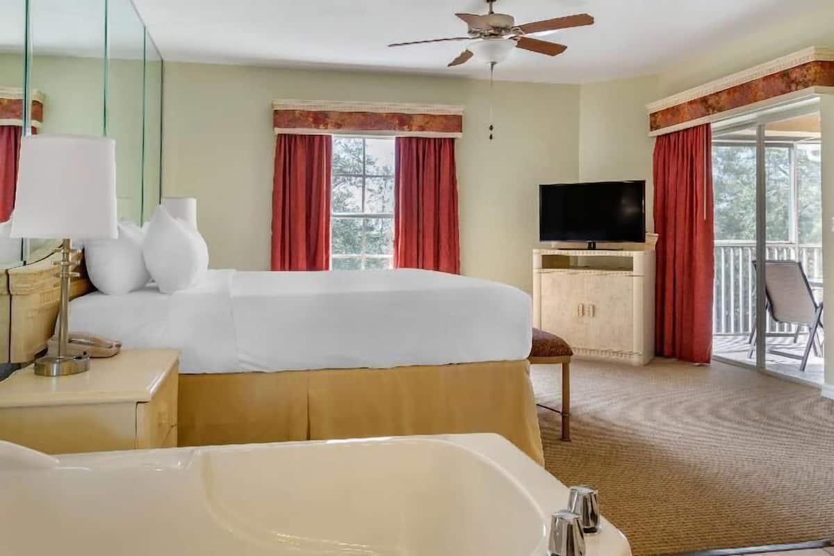 A hotel room with a bed, a television, a balcony, and a bathtub.