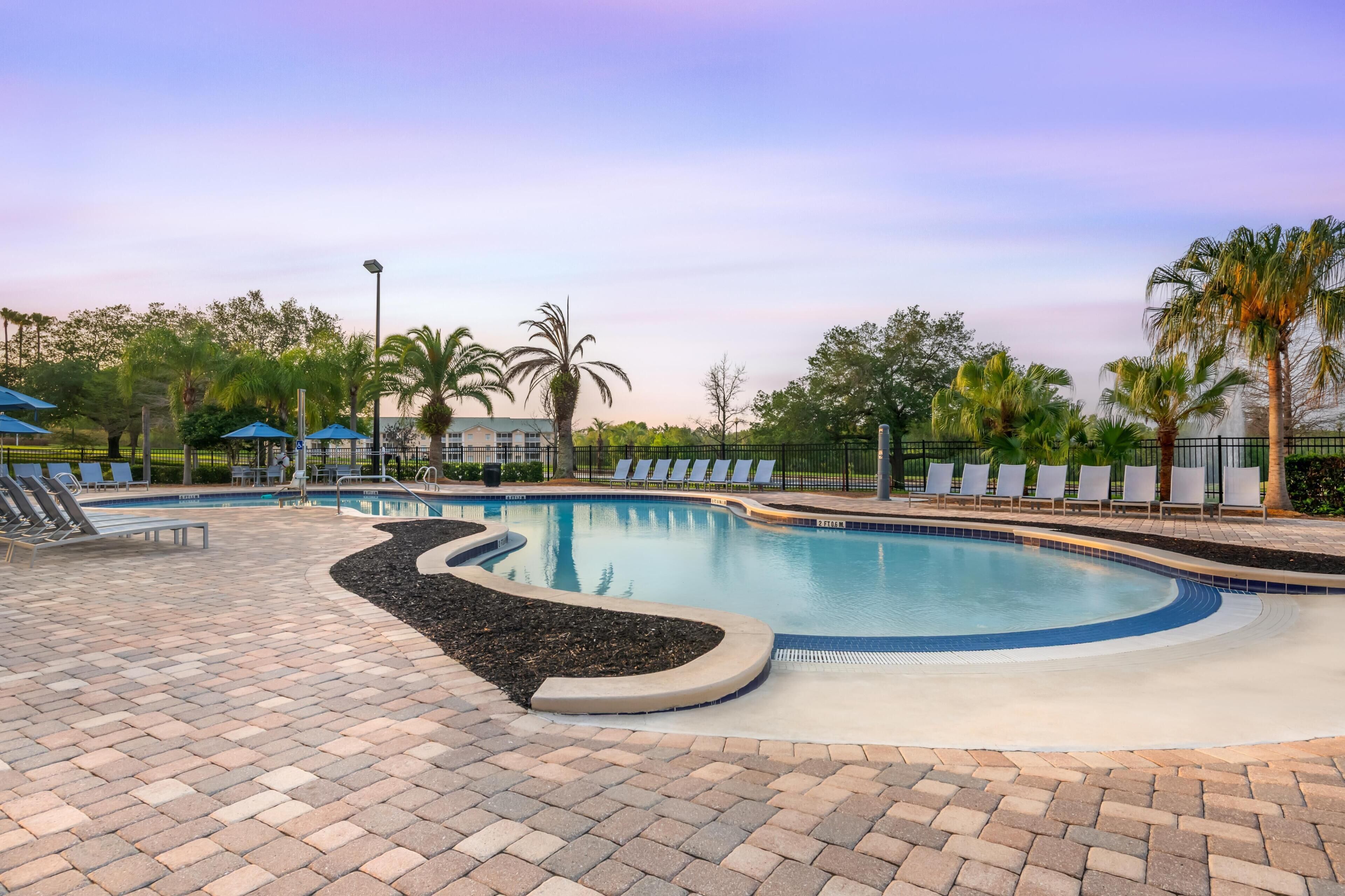A swimming pool with lounge chairs and palm trees.