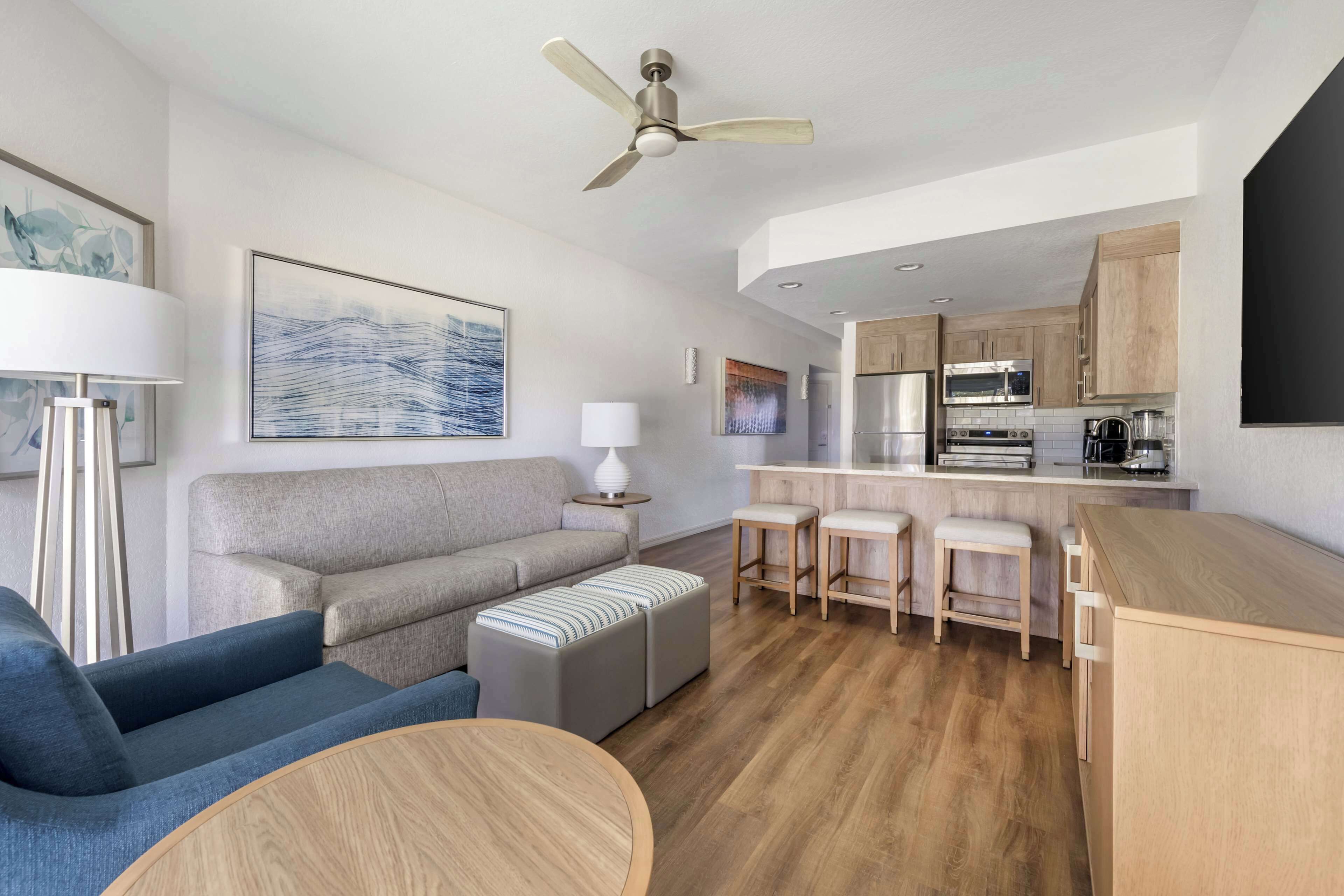 microwave, stovetop, dishwasher, coffee/tea maker