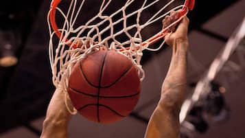 Un aro de baloncesto con red y un balón.