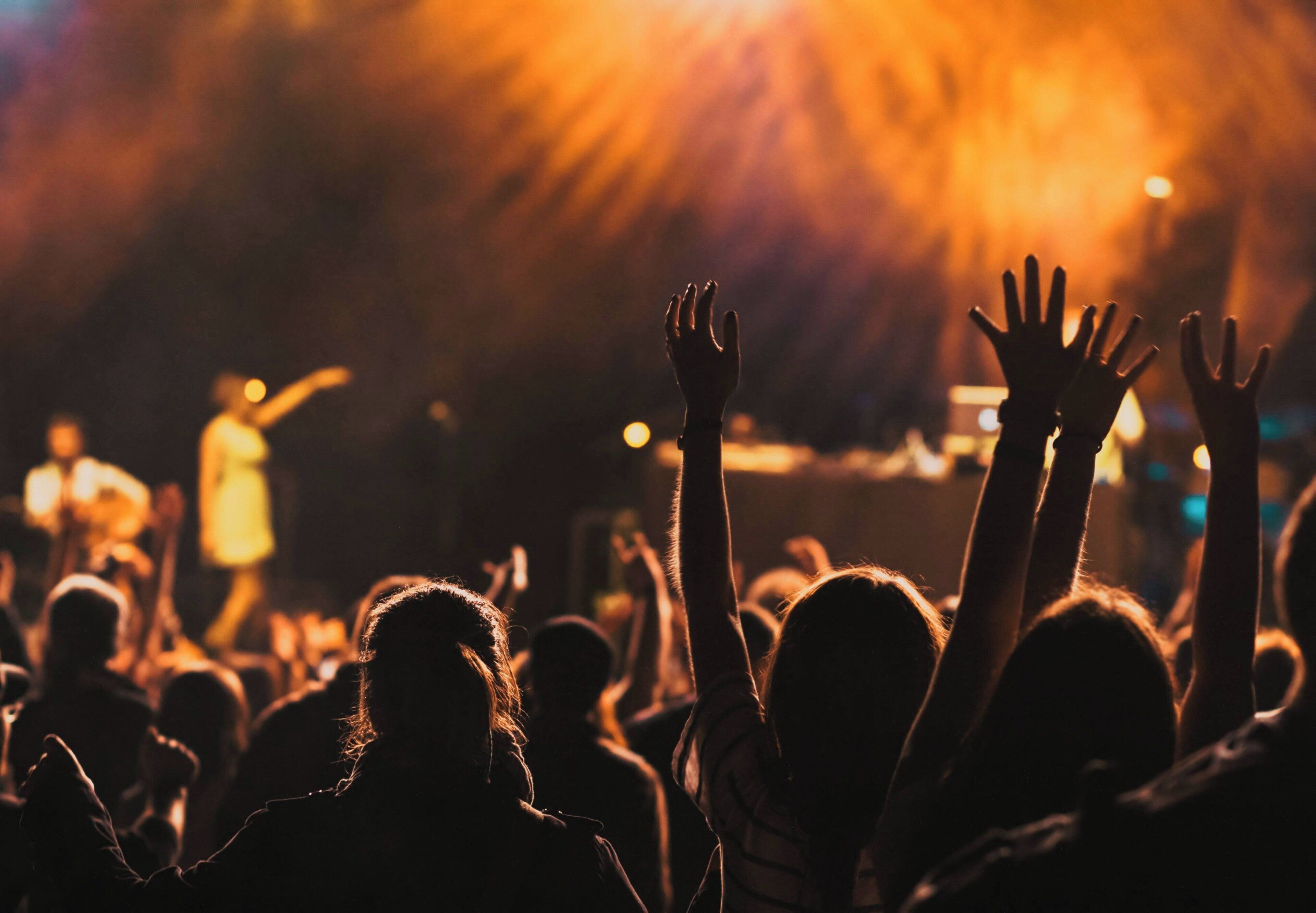 Una folla di persone con le mani alzate, probabilmente a un concerto o a un evento.
