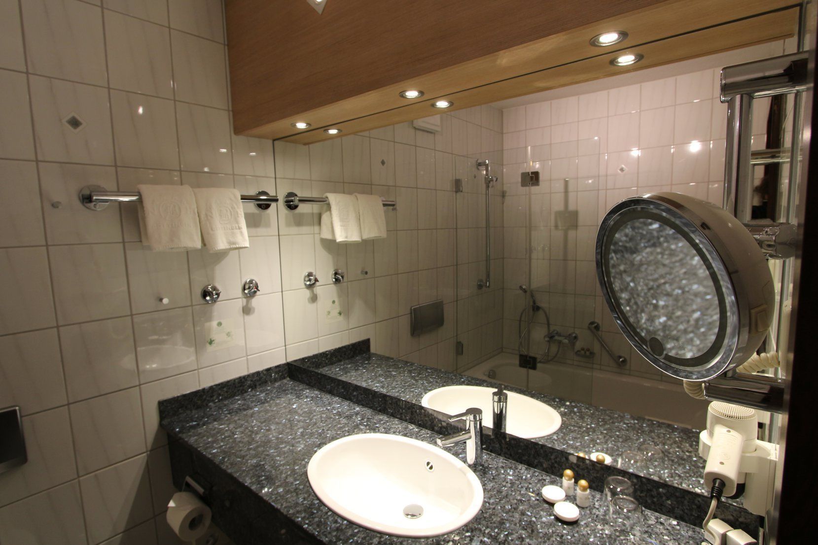 hydromassage showerhead, free toiletries, hair dryer, bathrobes