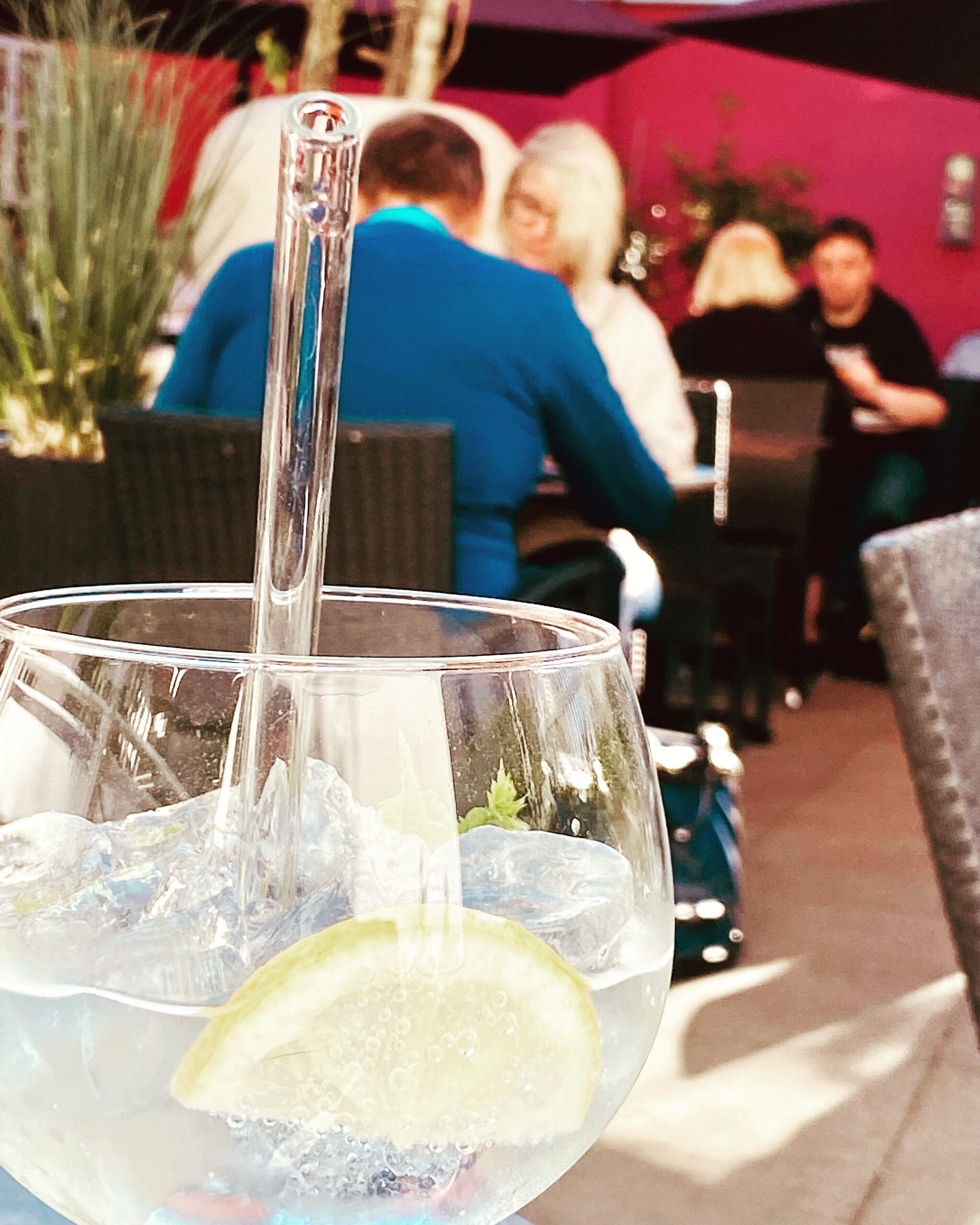 Een glas water met een plakje citroen en ijsblokjes.
