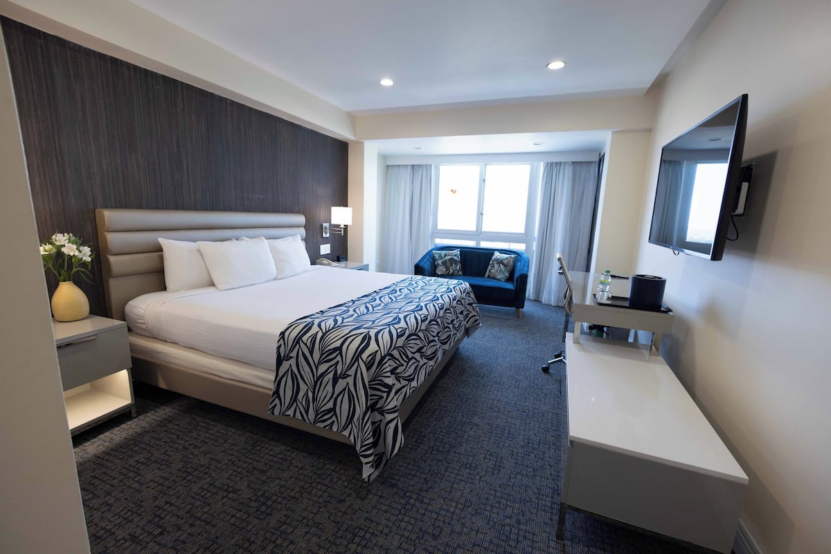 Une chambre d’hôtel moderne équipée d’un grand lit, d’un bureau, d’une chaise et d’un téléviseur.