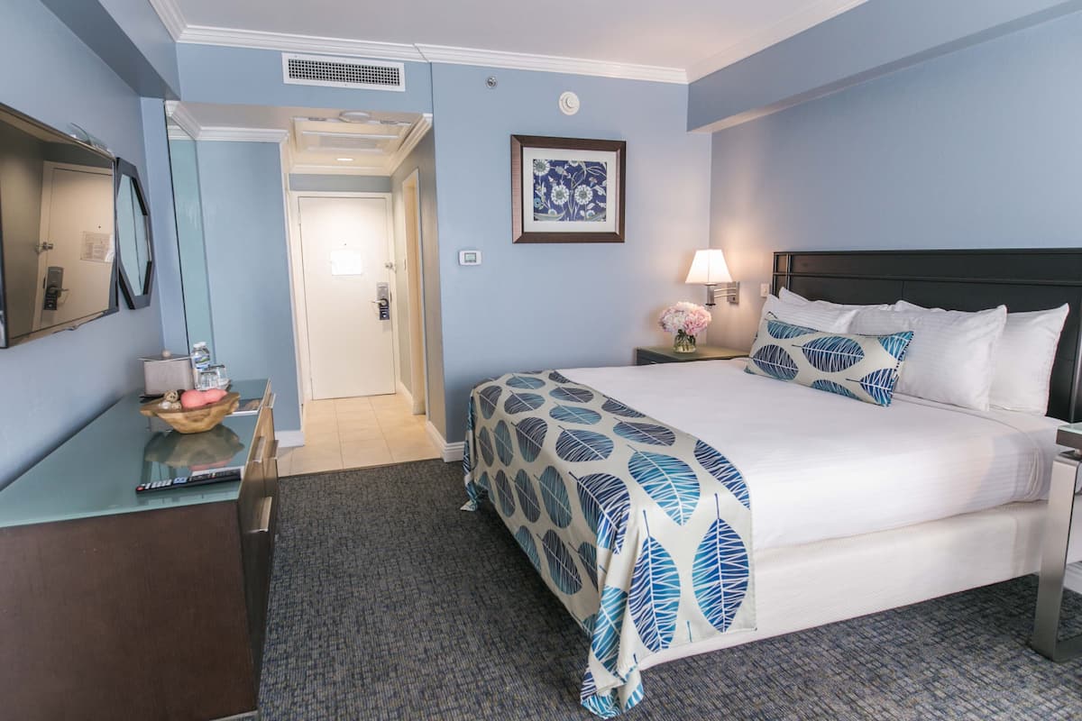 Une chambre d’hôtel avec un lit, un bureau, un miroir et une porte.