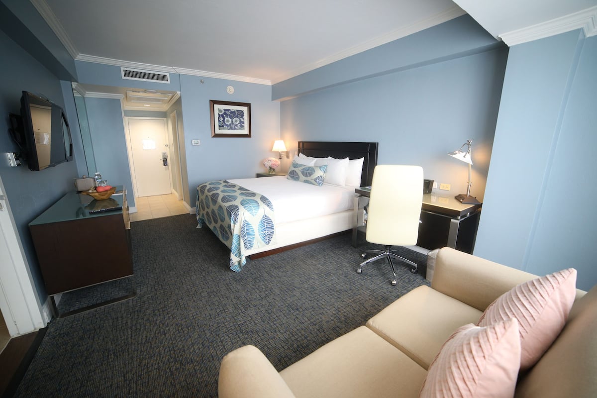 Une chambre d’hôtel avec un lit, un bureau, une chaise, un canapé et une porte de salle de bain.