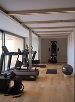 Un gimnasio moderno con cintas de correr, una máquina de remo y pelotas de ejercicio.