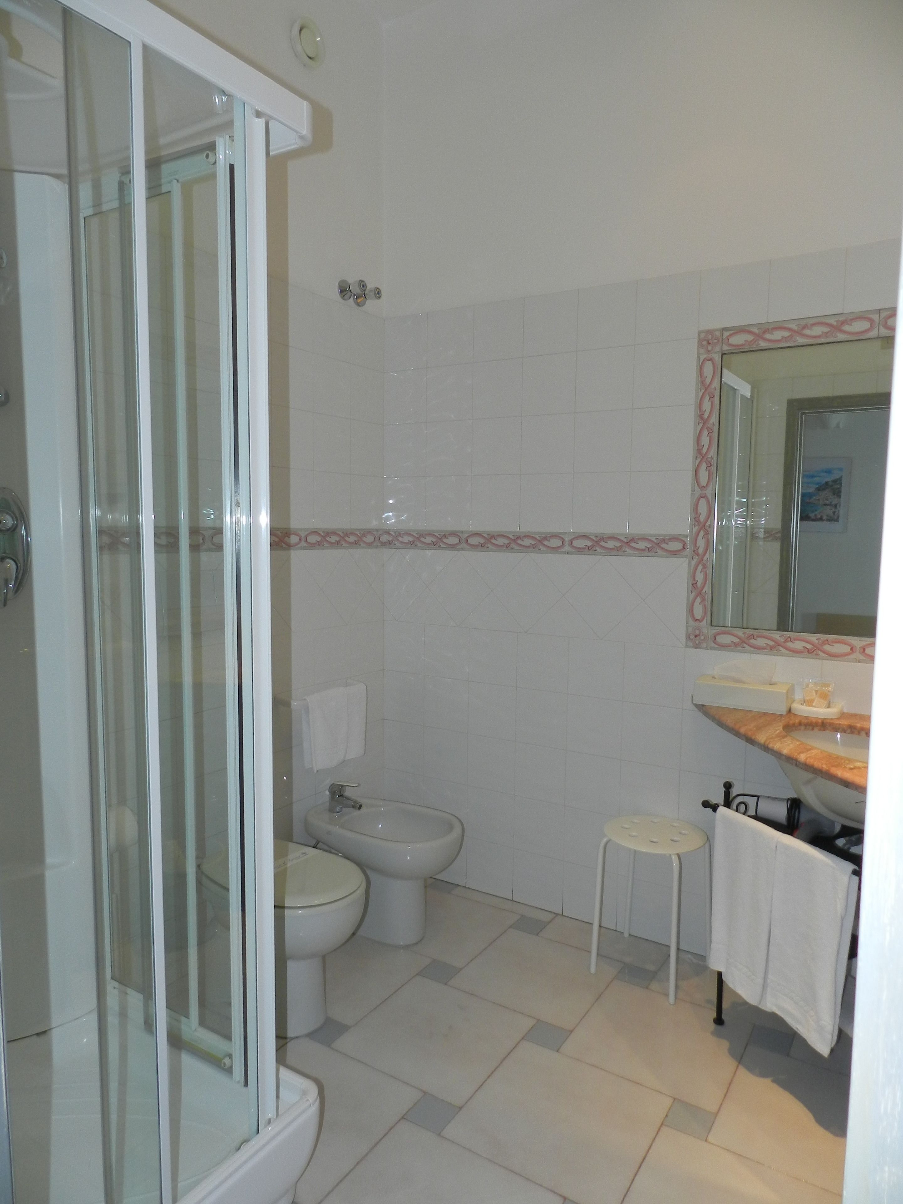 A bathroom with a glass-enclosed shower, a toilet, a sink, and a mirror.
