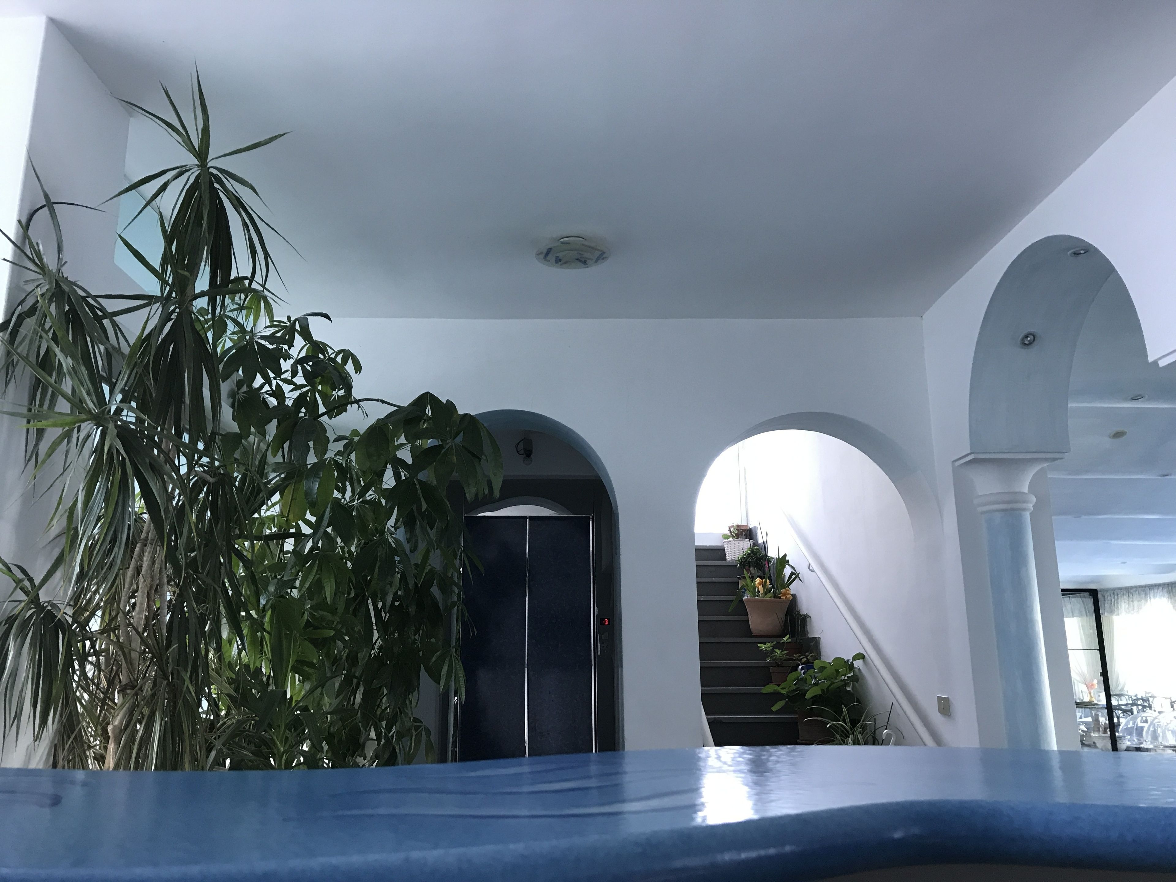A modern interior with white walls, a blue ceiling, and a staircase leading to an upper level.