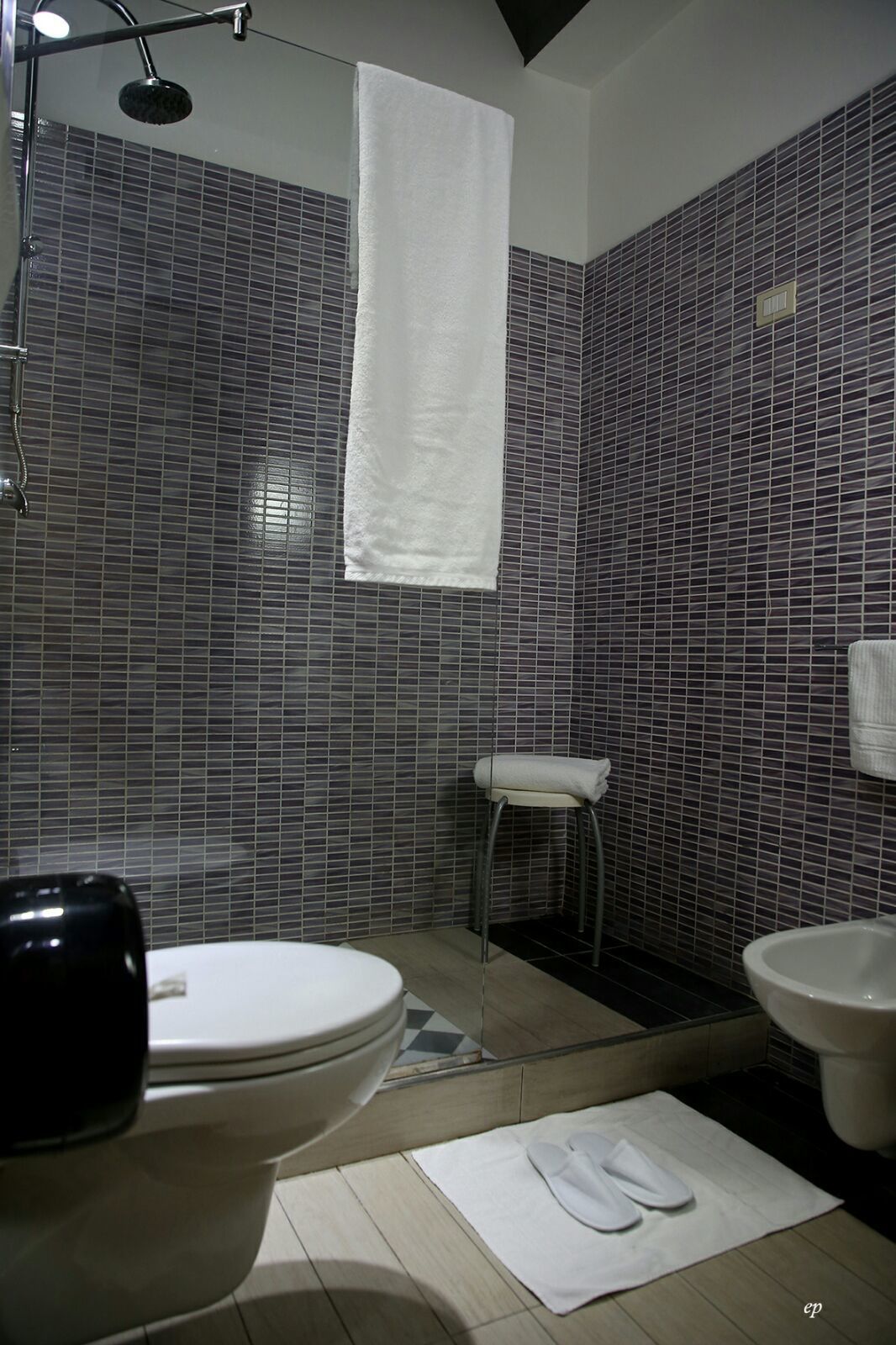 Et badeværelse med bruser, toilet og håndvask.