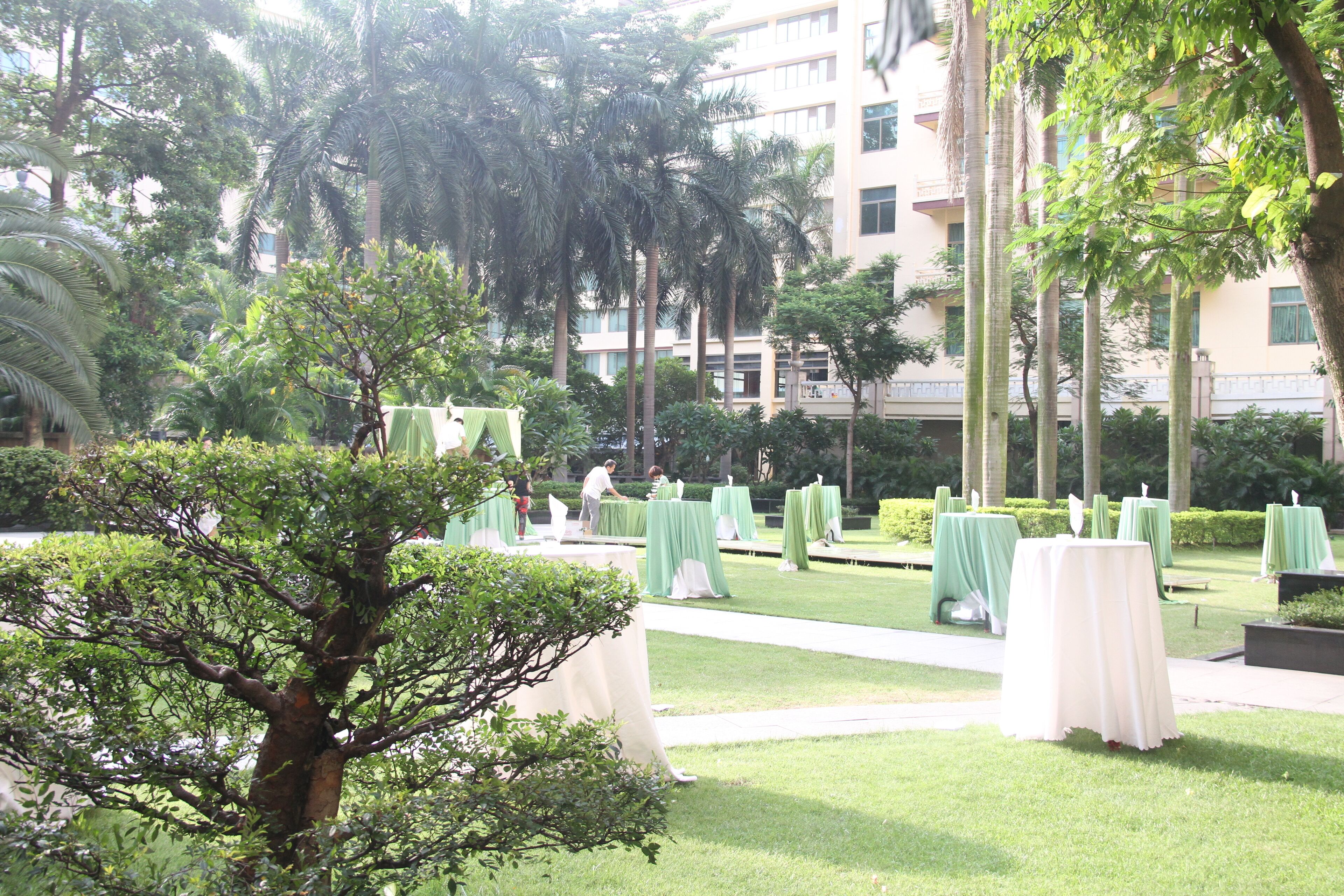 An outdoor dining area with tables covered in green tablecloths, surrounded by lush greenery and palm trees.
