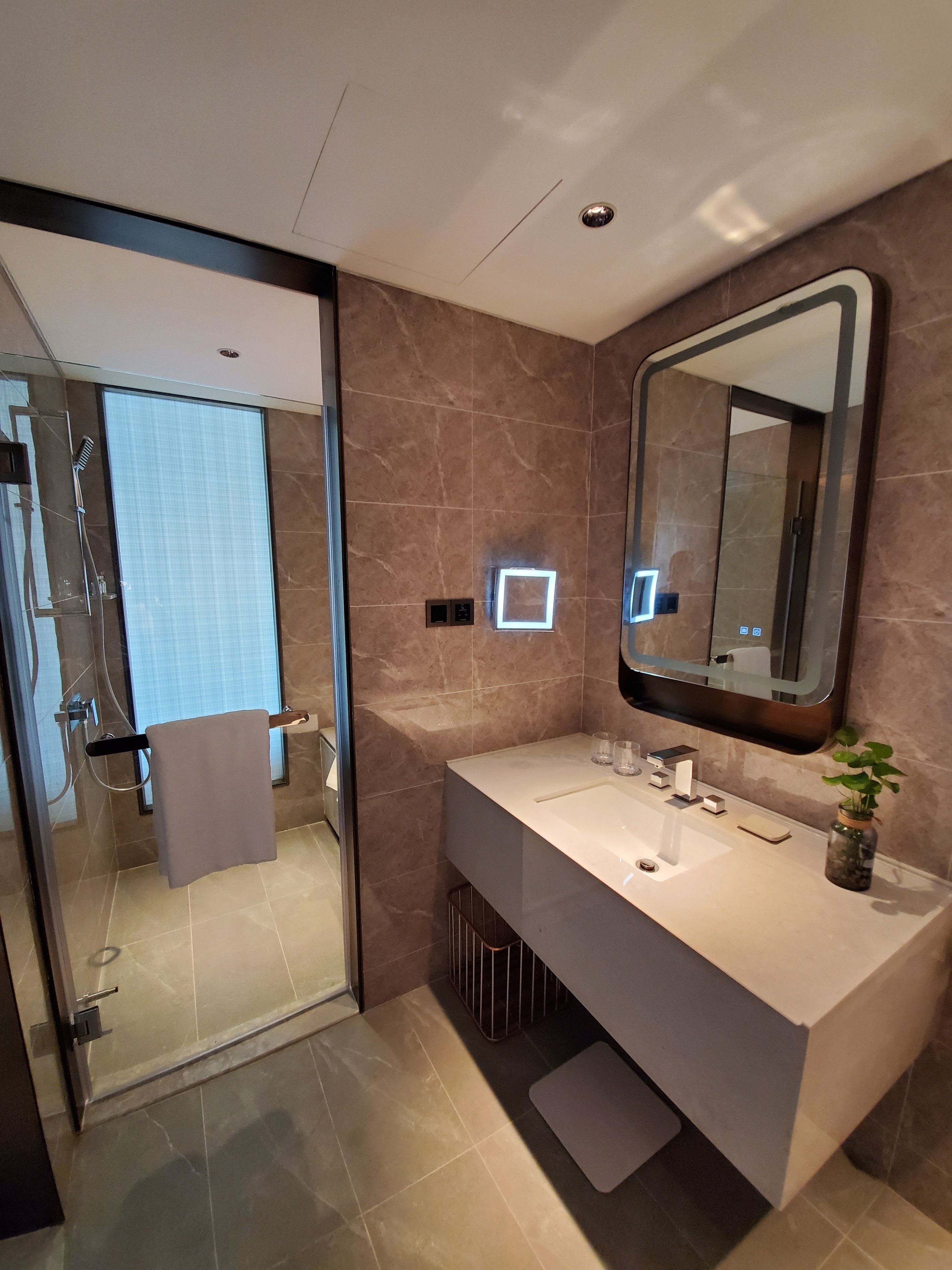 A modern bathroom with a glass shower enclosure, a large mirror, and a vanity with a sink and countertop.