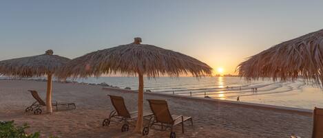 A beach with sun loungers and thatched umbrellas, a clear sky, and the ocean in the background.