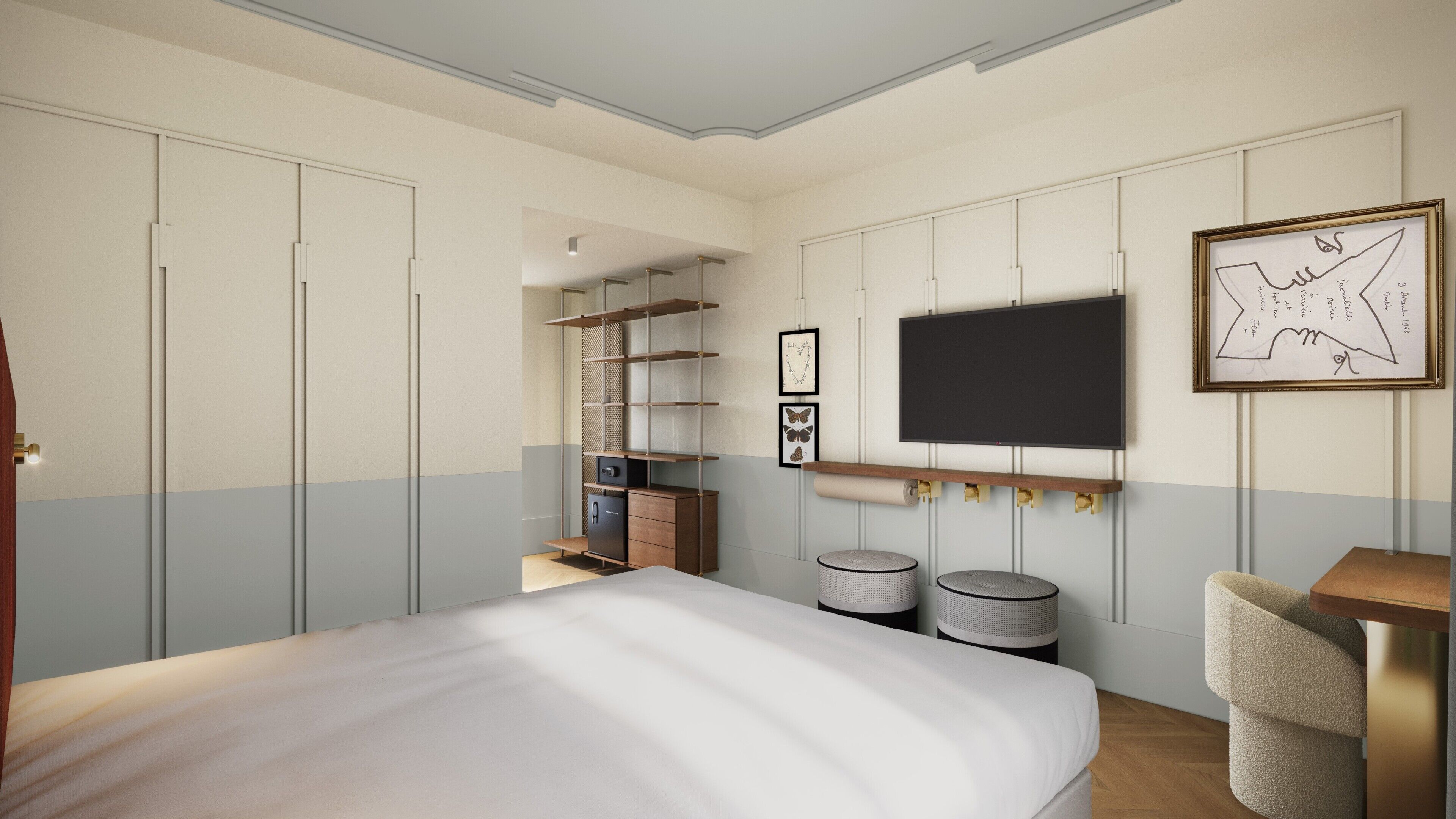 خزنة داخل الغرفة ومكتب وستائر تعتيم وتجهيزات عازلة للصوت