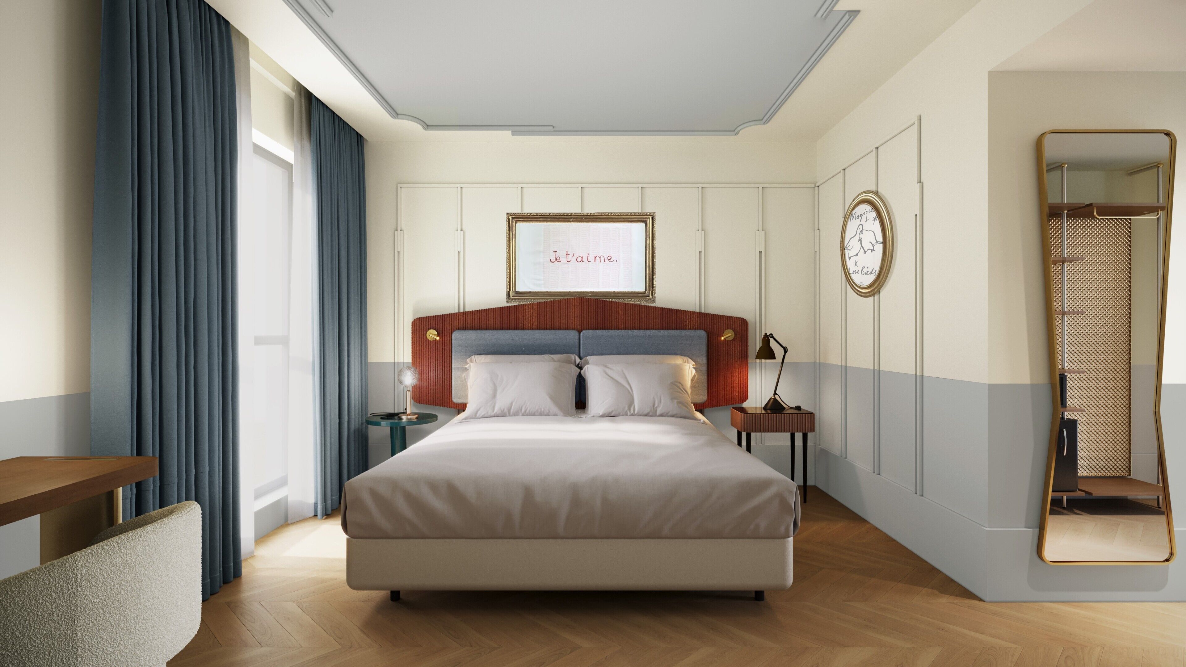 خزنة داخل الغرفة ومكتب وستائر تعتيم وتجهيزات عازلة للصوت