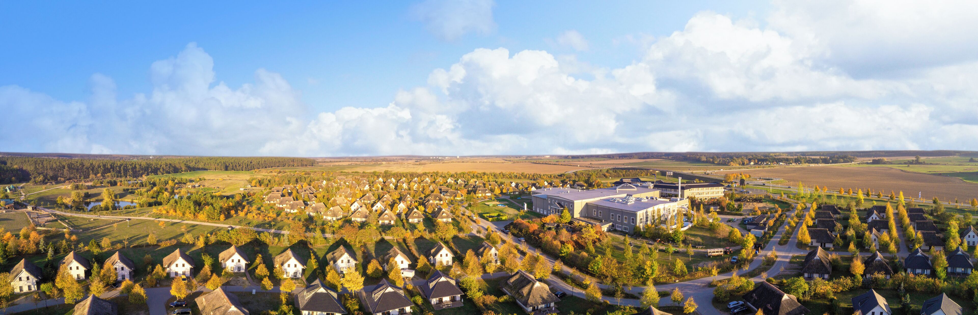 An aerial view of a residential area with houses, a large building, and open fields.