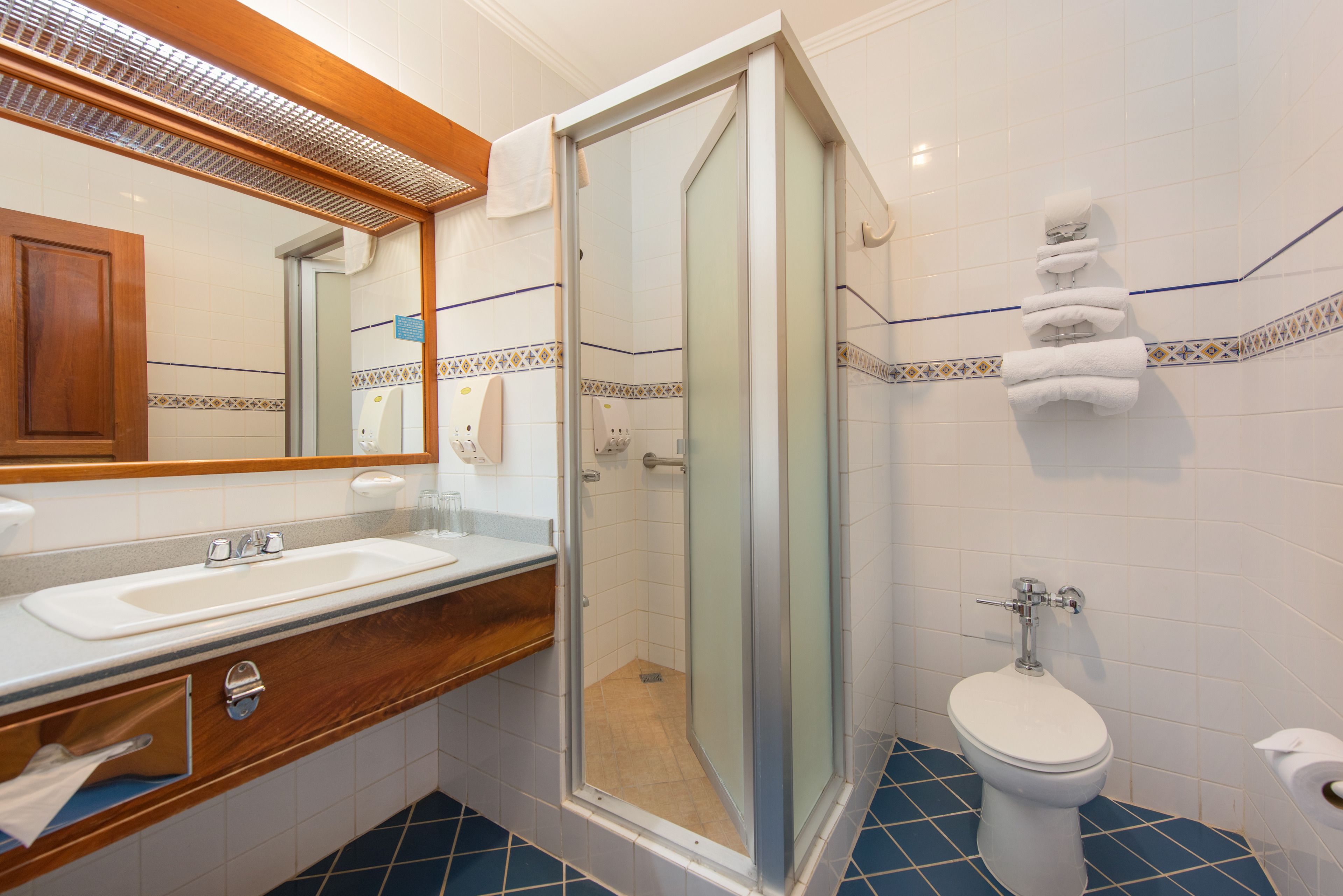A bathroom with a wooden vanity, a glass-enclosed shower, and a toilet.