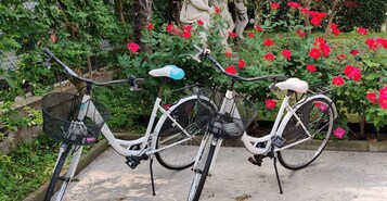 Due biciclette parcheggiate su una superficie piastrellata, con un giardino e statue sullo sfondo.