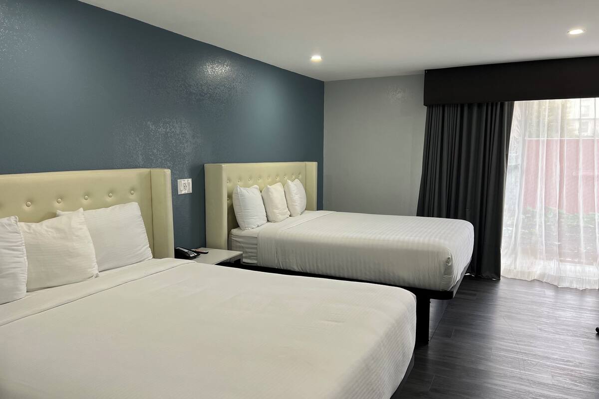 Une chambre d’hôtel avec deux lits, une grande fenêtre avec des rideaux et un plancher en bois foncé.