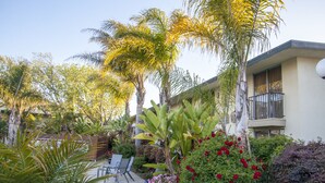 Een binnentuin met palmbomen, een blauwe plantenbak met bloemen en een gebouw met een balkon.