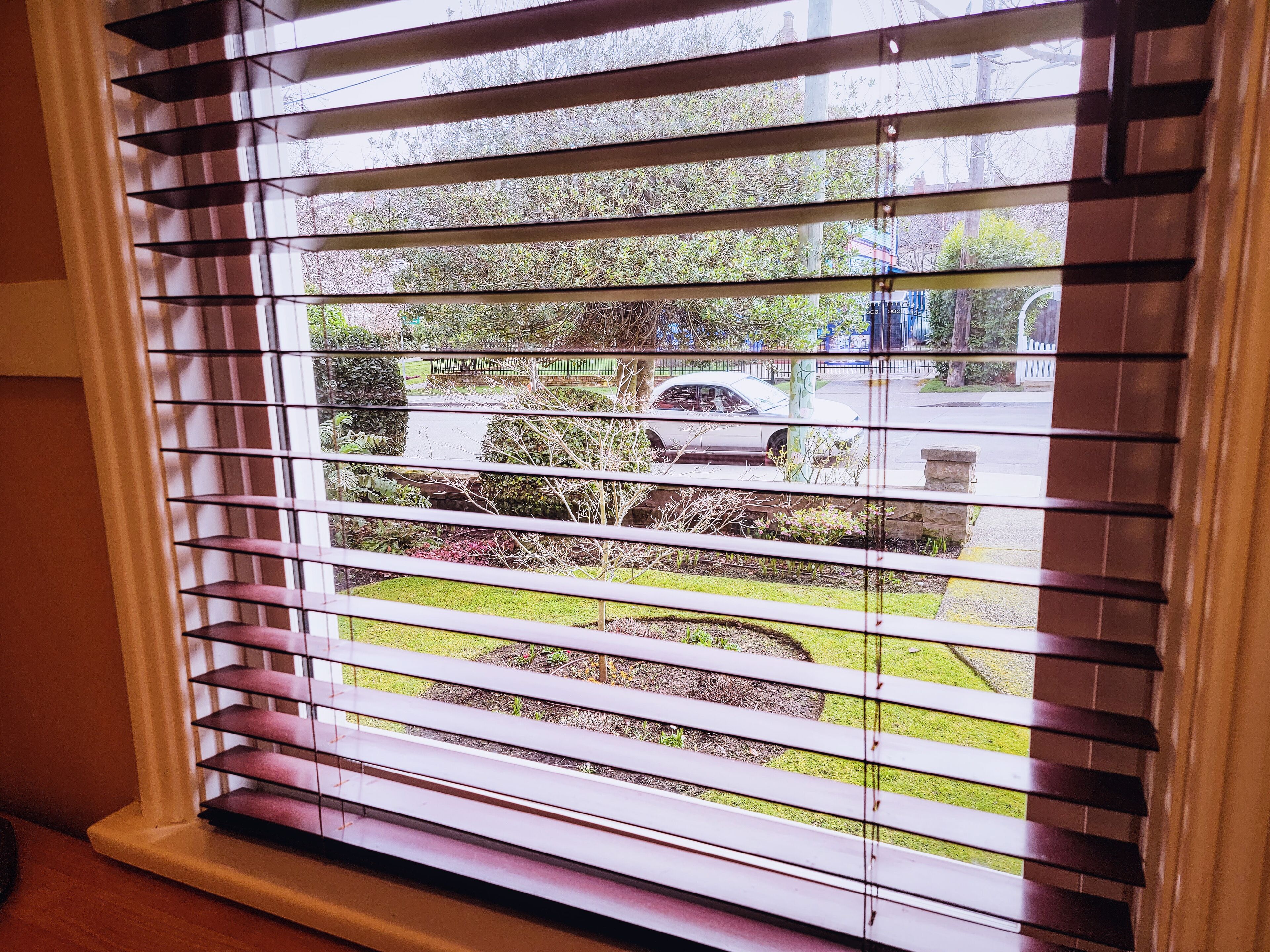 Ein Fenster mit horizontalen Jalousien, Blick auf einen weißen Wagen, der draußen geparkt ist, und eine grüne Rasenfläche mit Büschen.