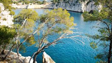 A coastal landscape with cliffs, a clear blue sea, and sparse vegetation.