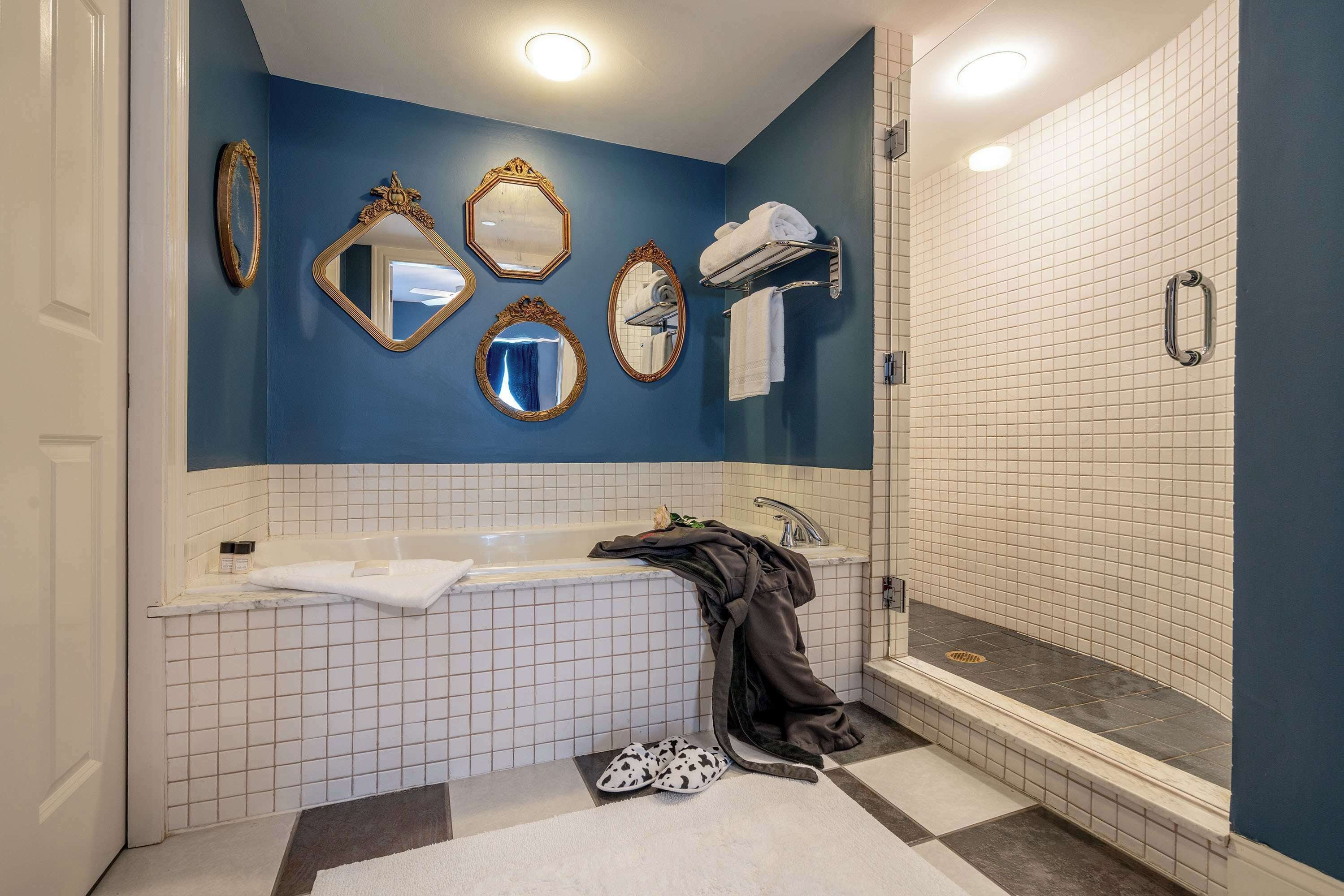 designer toiletries, hair dryer, bathrobes, towels