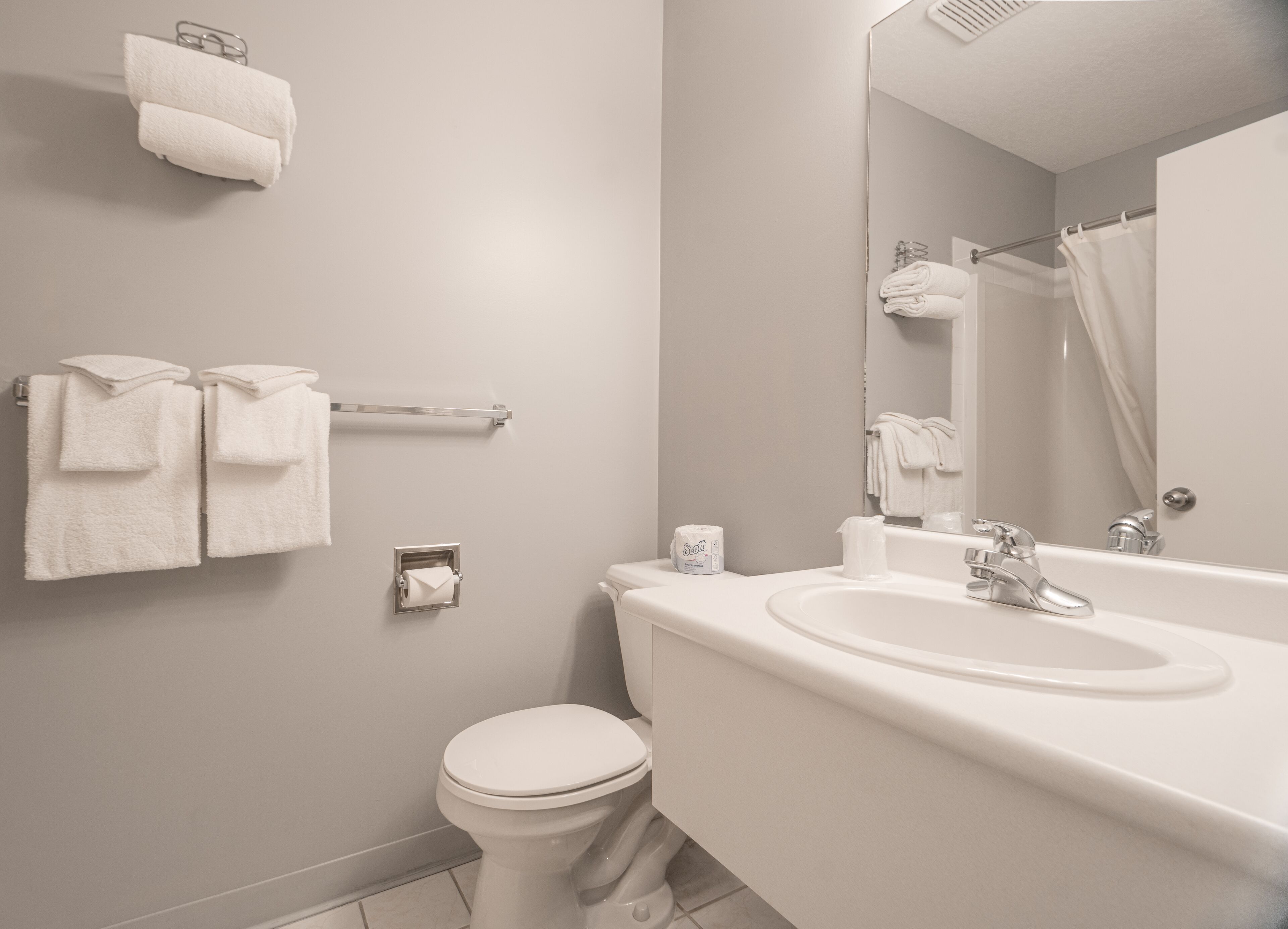 combined shower/bathtub, free toiletries, hair dryer, towels