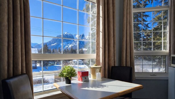 Una habitación con una mesa, sillas, una planta en maceta y vistas a montañas nevadas a través de amplios ventanales.
