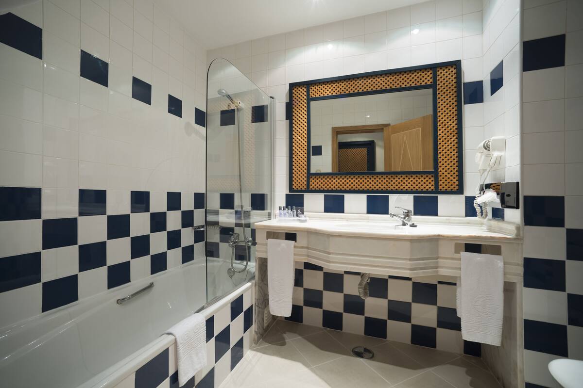 combined shower/bathtub, free toiletries, hair dryer, towels