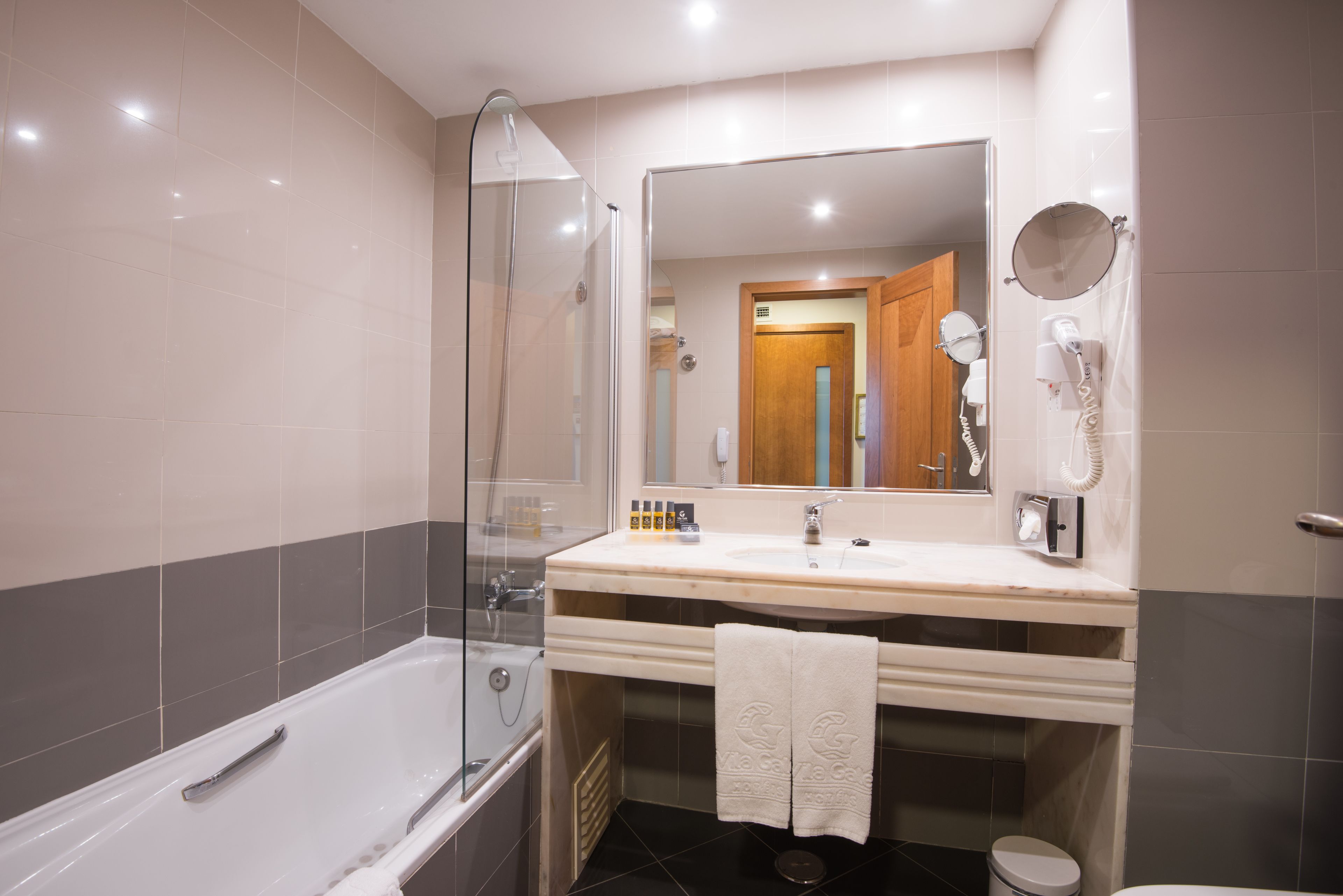 combined shower/bathtub, free toiletries, hair dryer, bidet