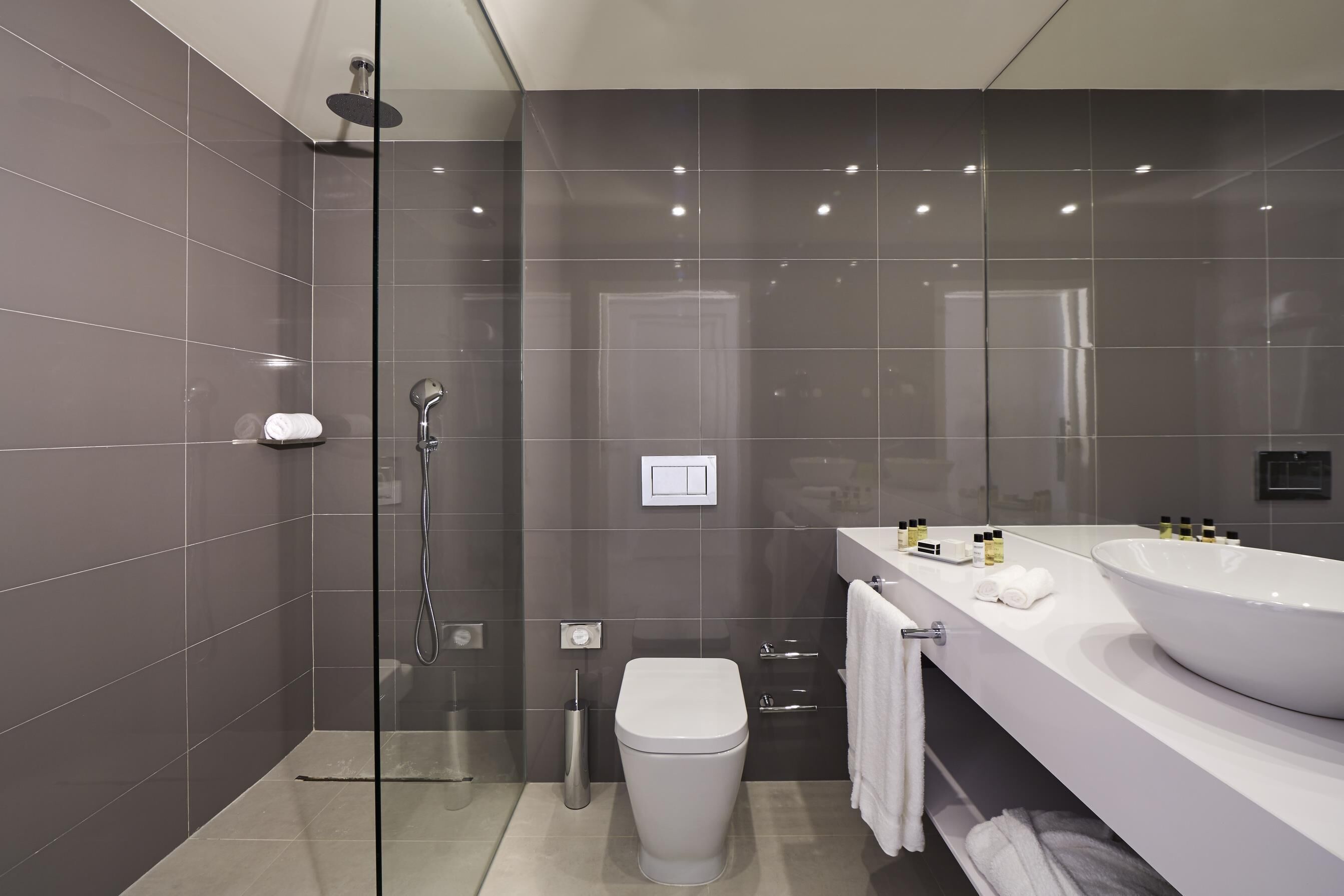 A modern bathroom with a large white sink, a glass shower enclosure, and a toilet.