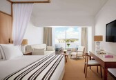 A hotel room with a bed, a sofa, a desk, a chair, a TV, and a view of the city.